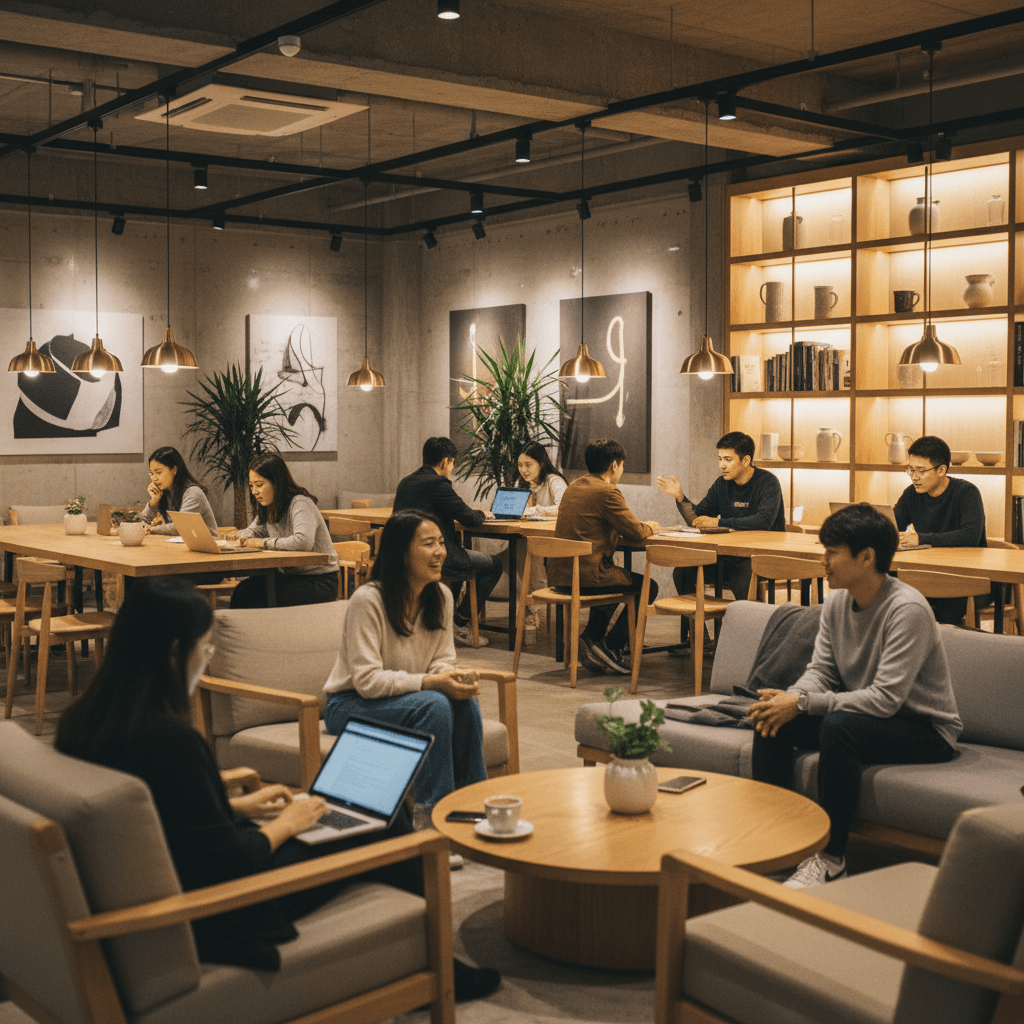 Diverse customers studying and socializing in cafe lounge