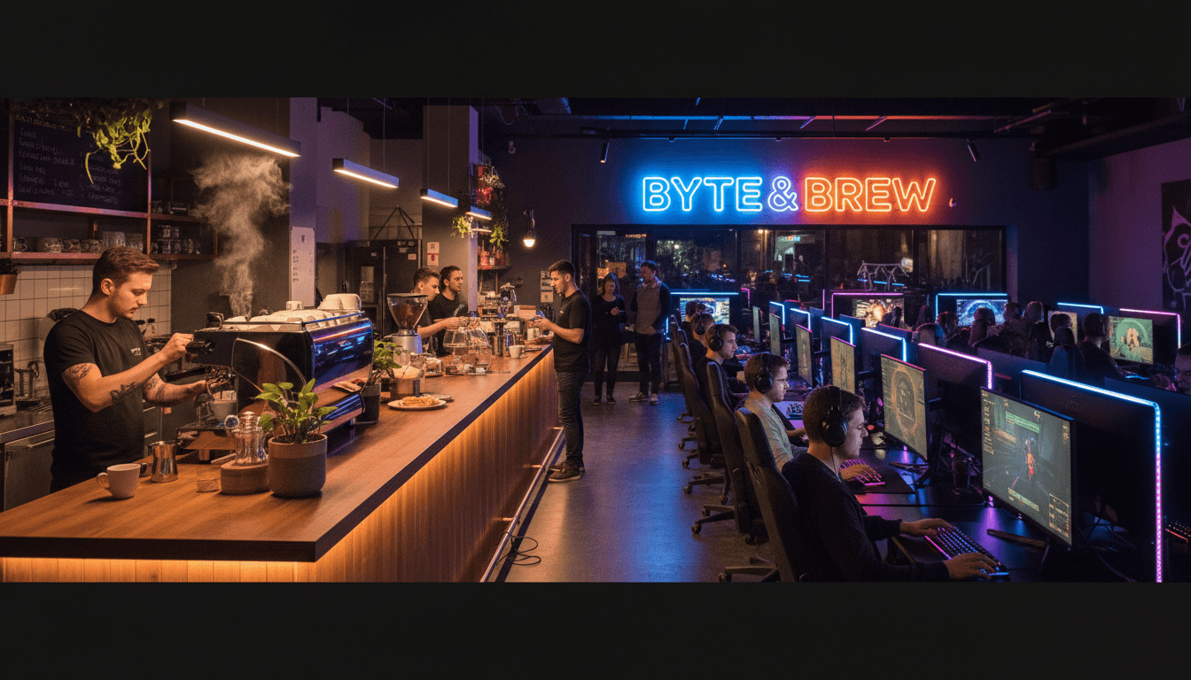 Modern gaming cafe with PC stations and espresso bar under vibrant lighting