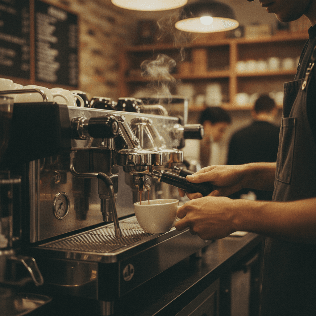Fresh espresso being prepared at the coffee bar