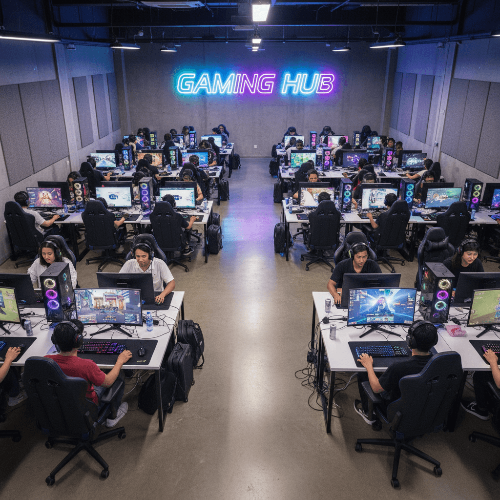 Players immersed in gaming sessions across the cafe floor