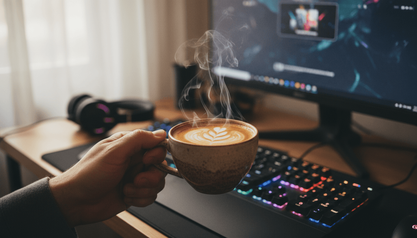 Close-up of espresso cup held over gaming keyboard with warm lighting