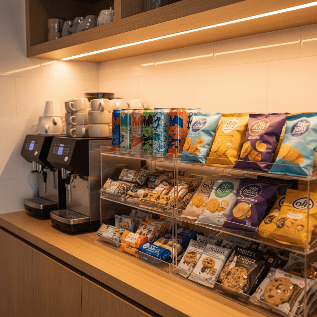 Selection of coffee, drinks, and snacks available throughout the day