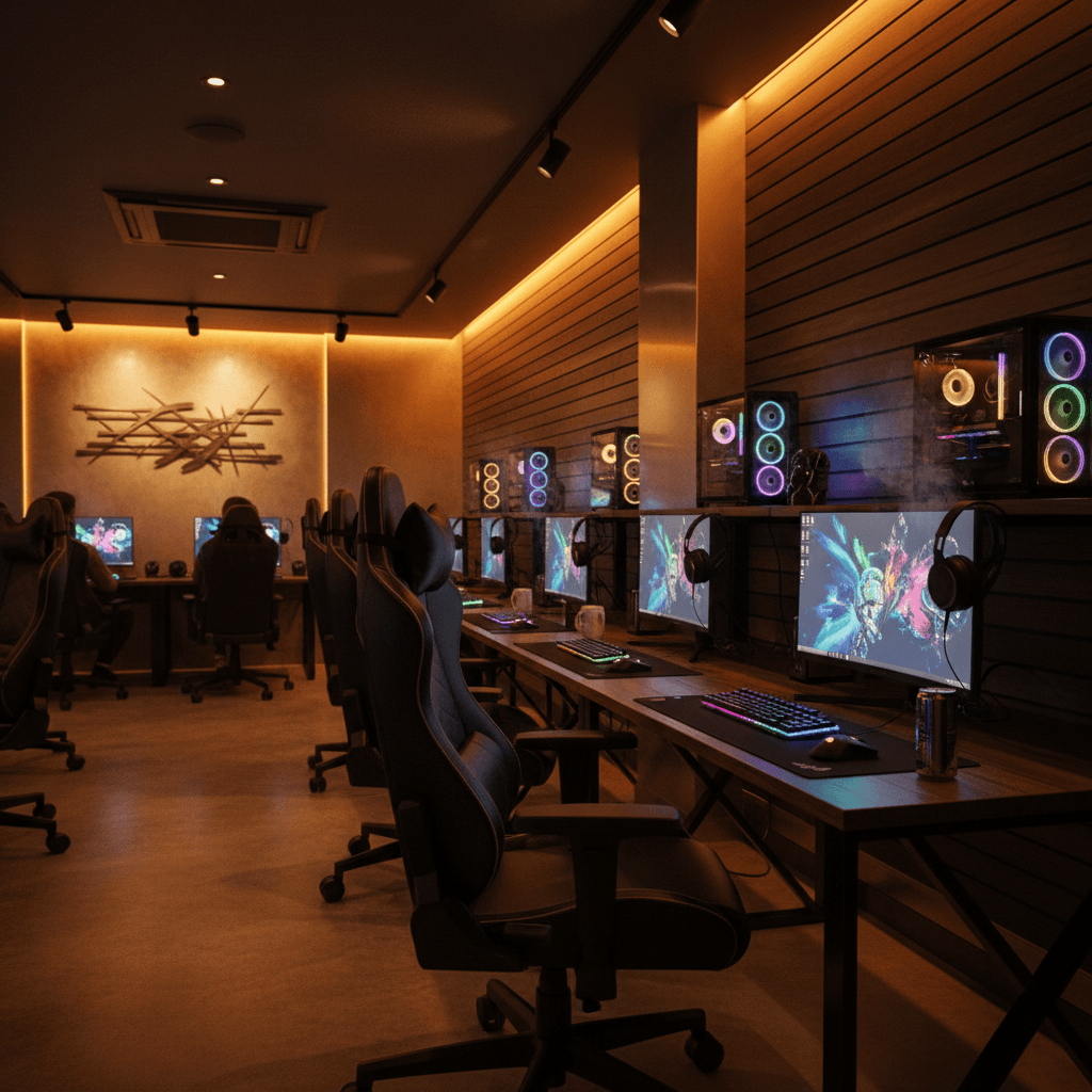 Gaming stations with modern lighting at Bledix Gaming Cafe