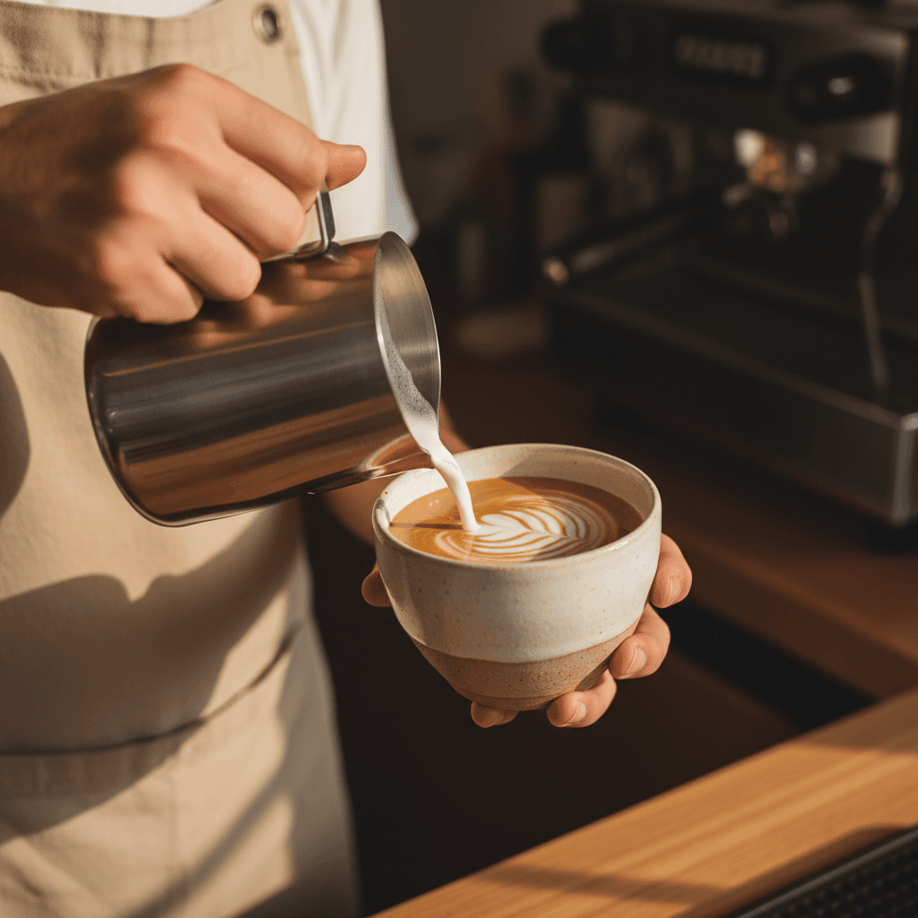 Barista pouring latte art in espresso cup