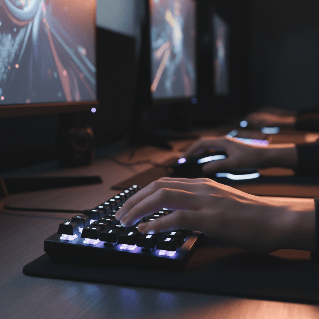 Gamer hands on keyboard during intense gaming session