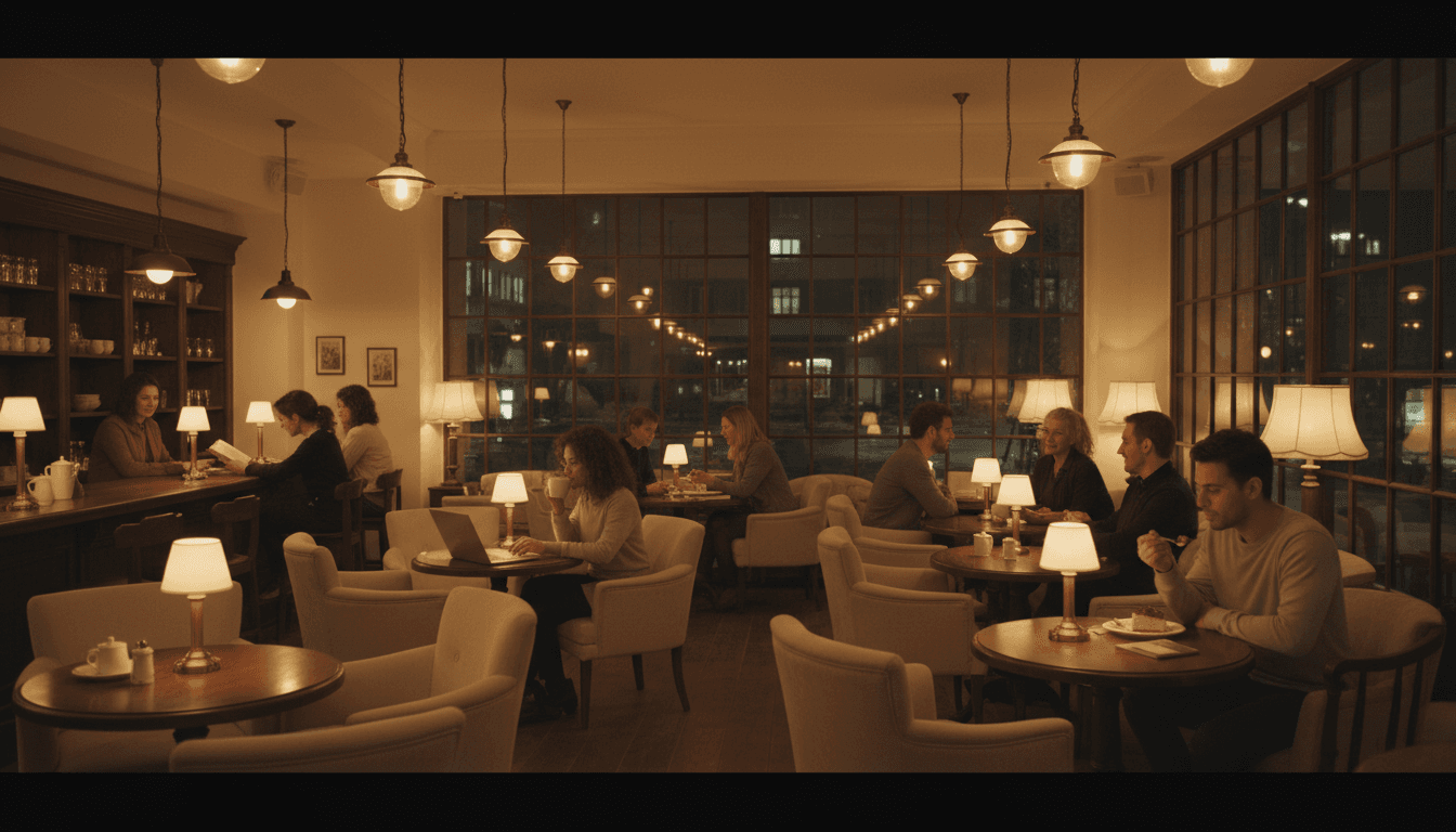 Full cafe atmosphere with gaming stations, studying students, and social seating