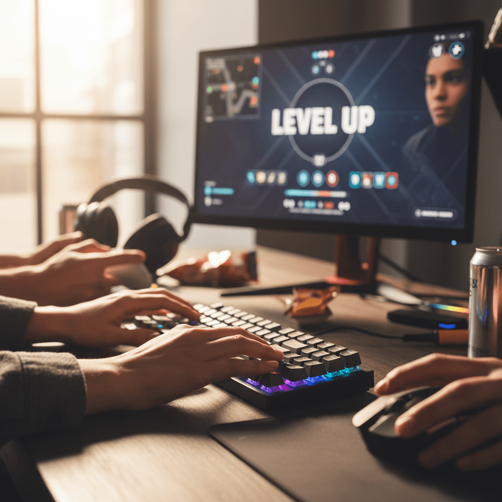 Player engaged in intense gaming session at PC station