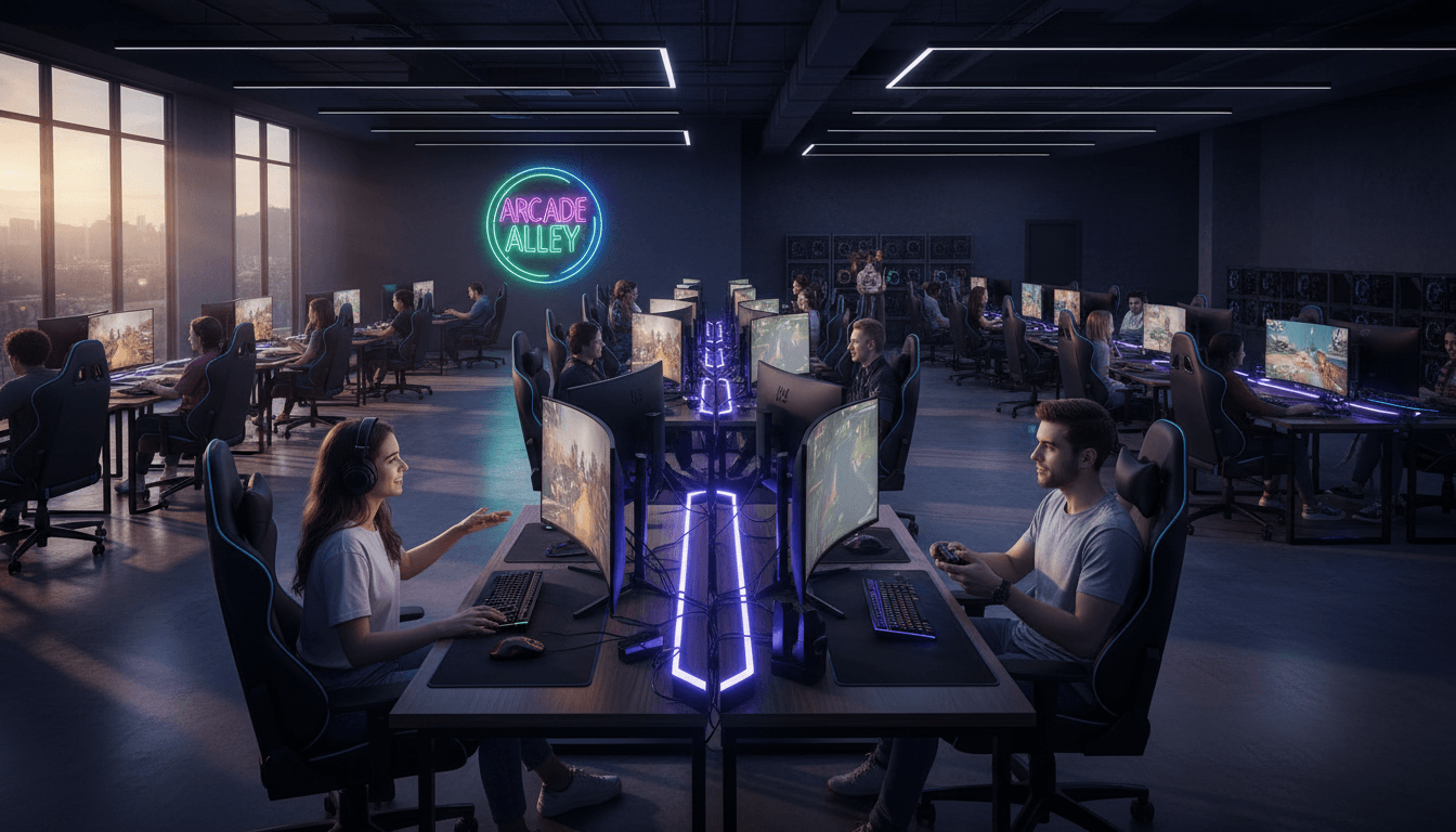Gaming cafe interior with multiple PC stations and espresso bar at night