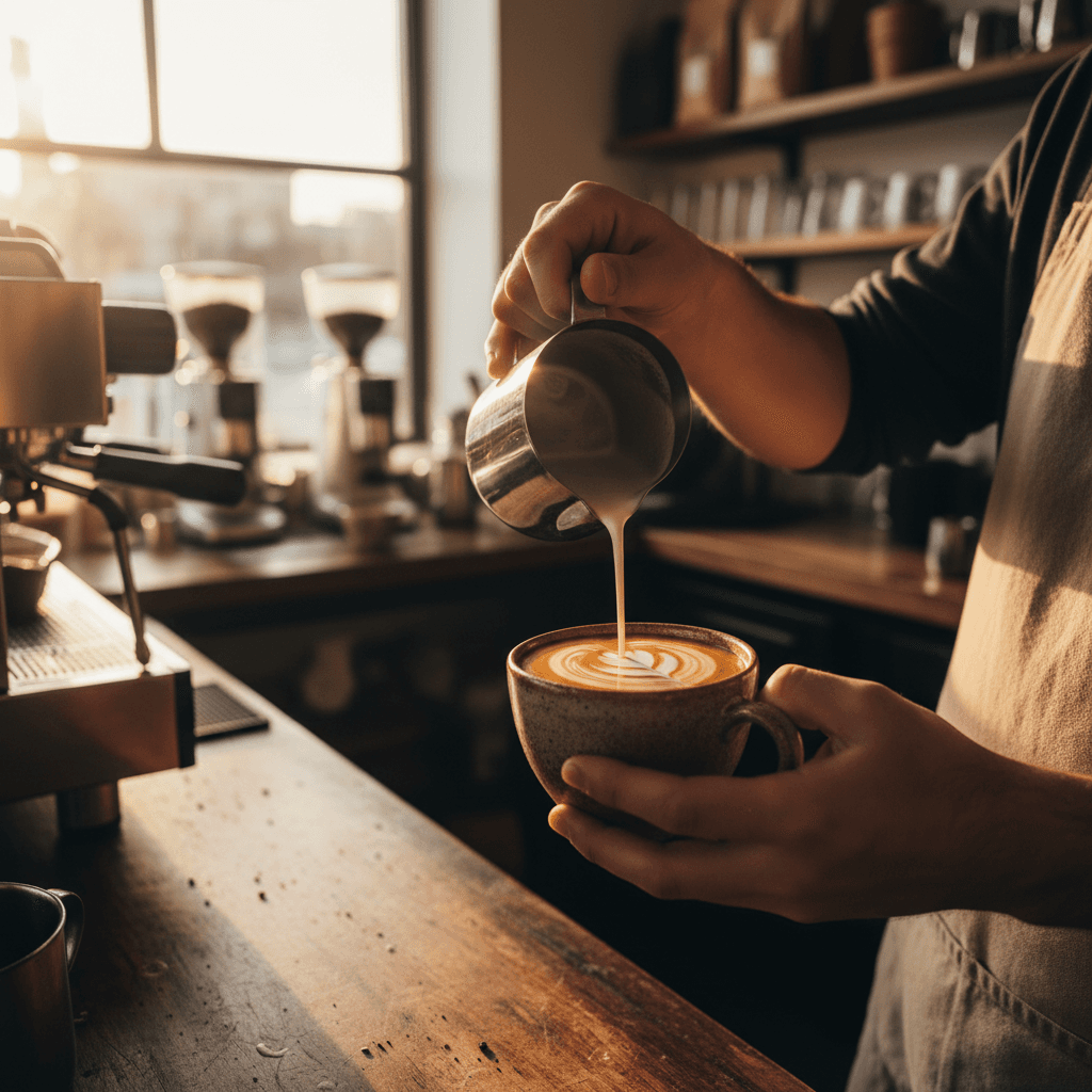 Latte art being poured at Bledix Gaming Cafe coffee bar