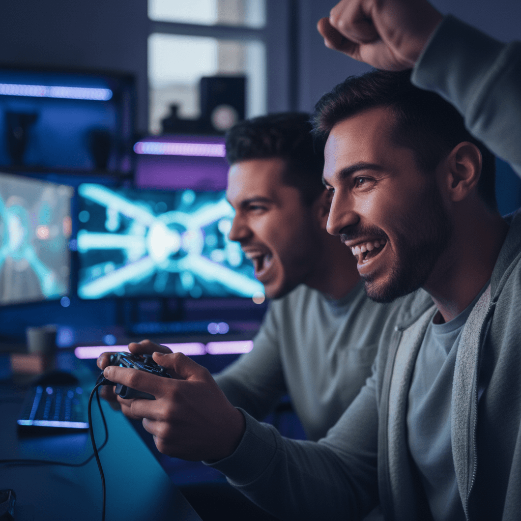 Group of gamers clustered around a PC station mid-match at Bledix Gaming Cafe