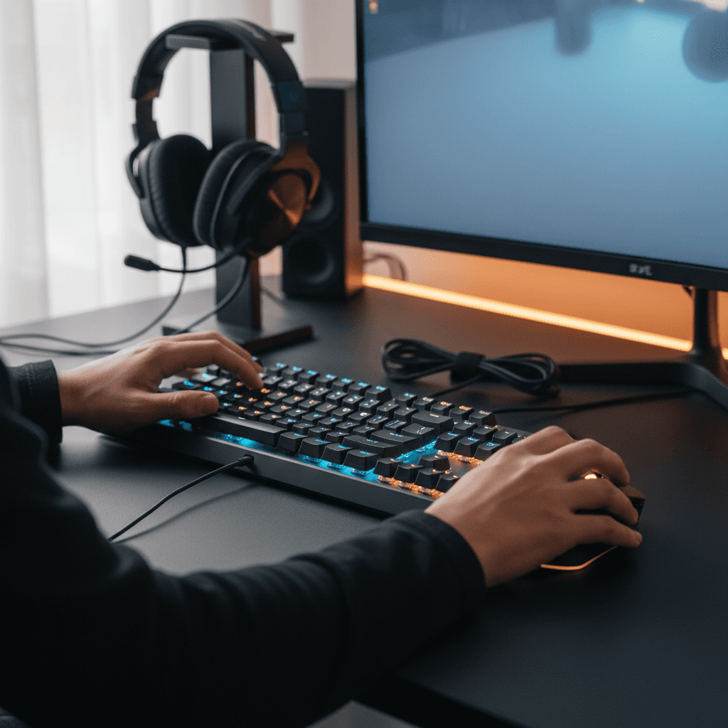 Close-up of espresso mug in front of gaming monitor