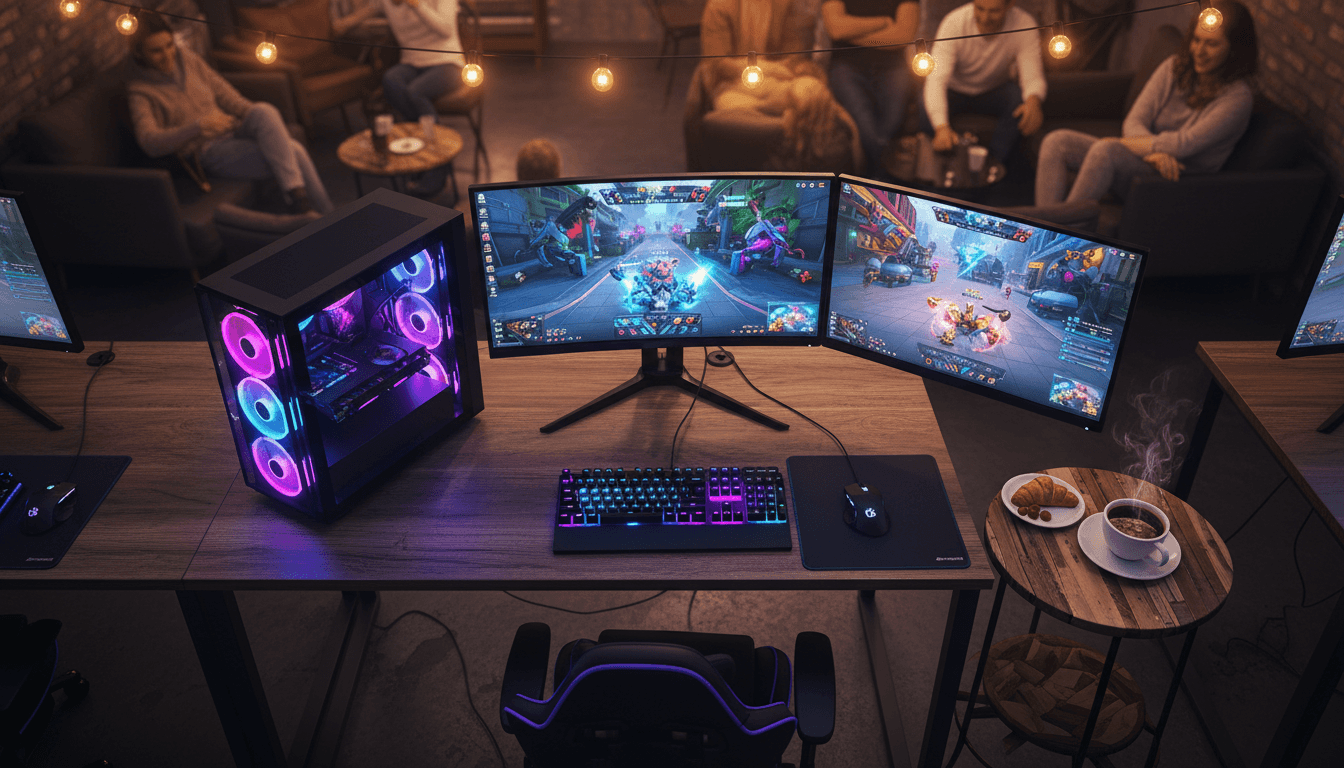 Gaming stations with monitors and players at Bledix Gaming Cafe