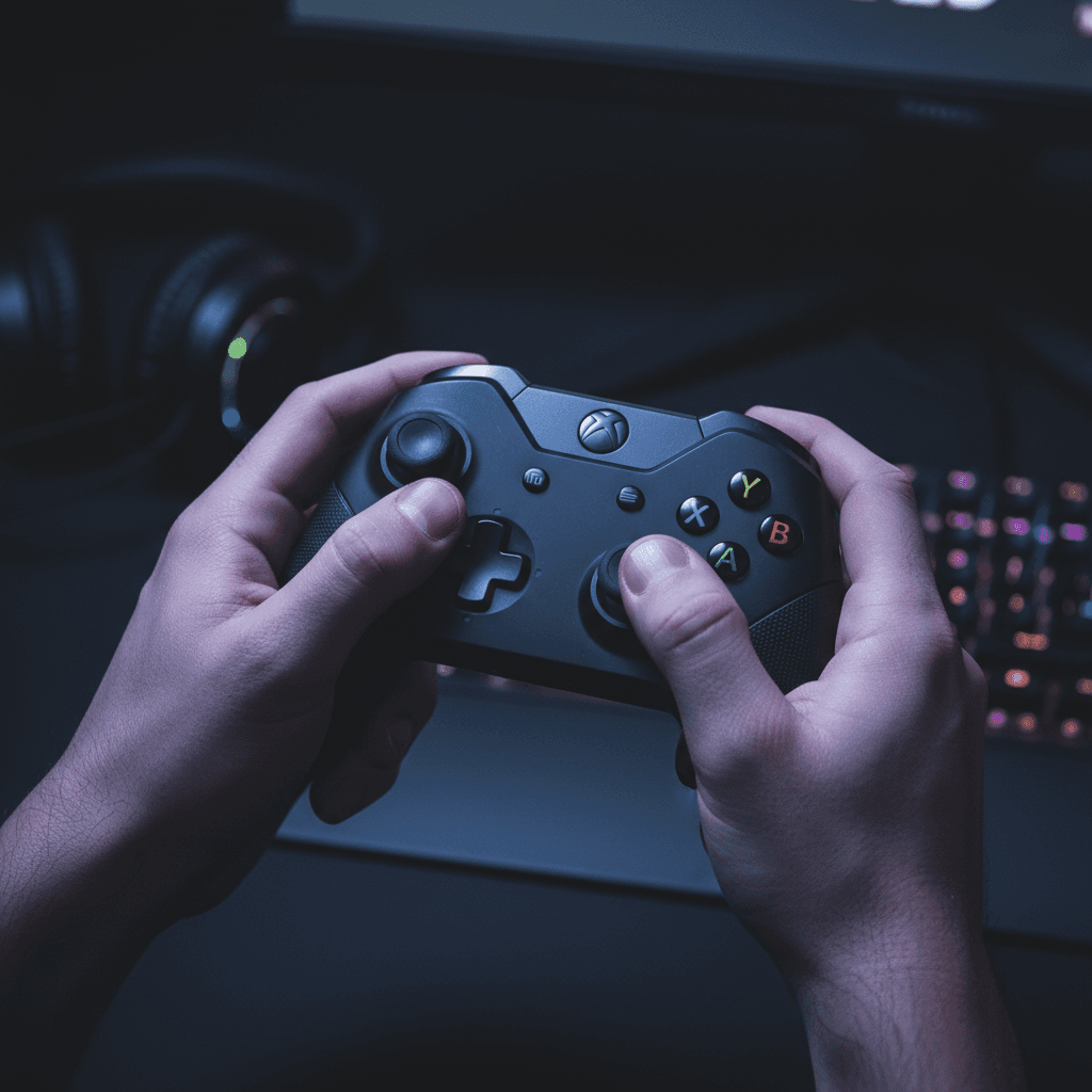 Late-night gamer focused on monitor with coffee cup at station