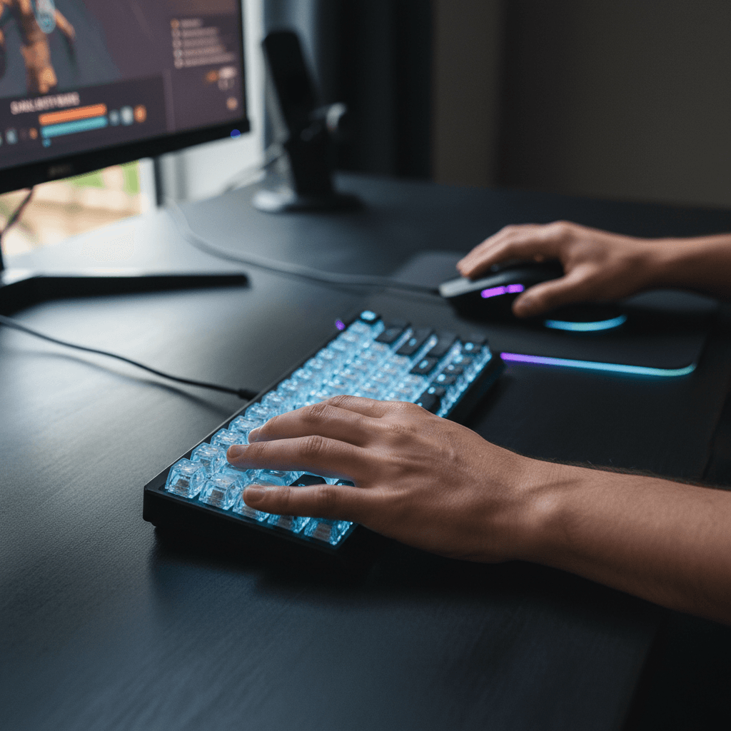 Gamer's hands and peripherals during gameplay